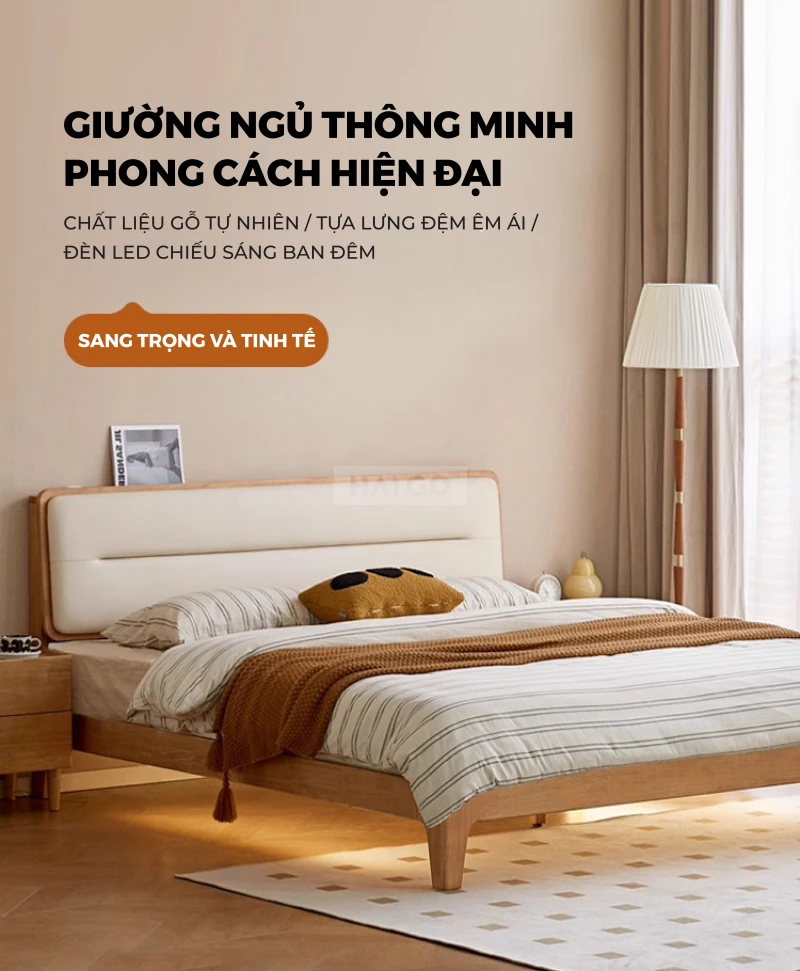 Giường Ngủ Gỗ Tự Nhi&ecirc;n Th&ocirc;ng Minh Phong C&aacute;ch Hiện Đại GN379