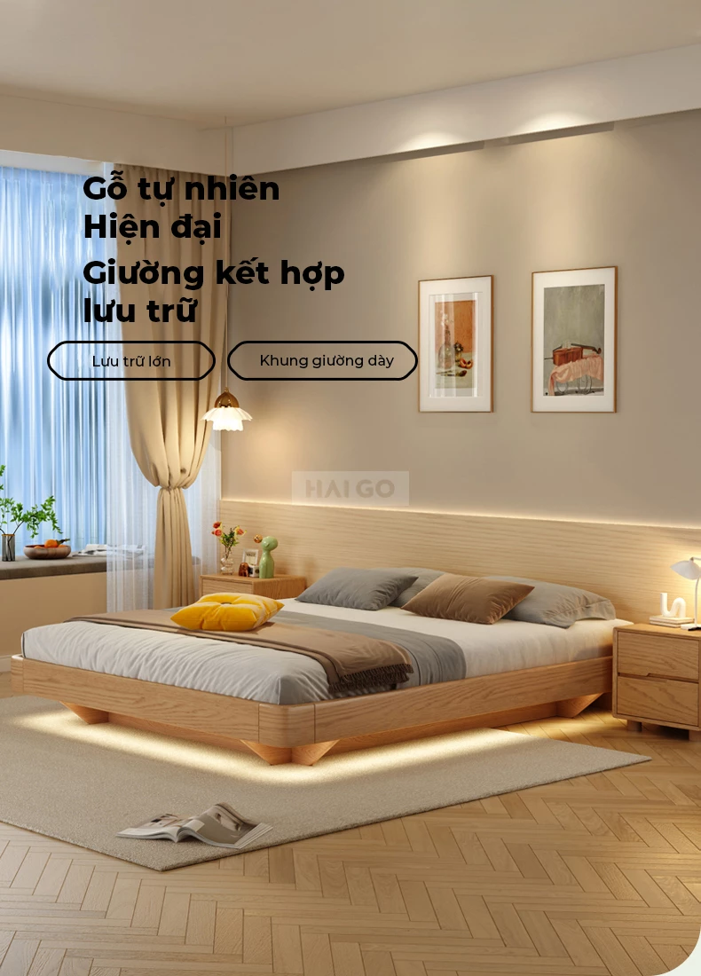 Giường Ngủ Gỗ Tự Nhiên Tích Hợp Ngăn Lưu Trữ Haigo GN363