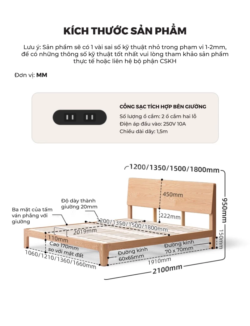 Giường Ngủ Gỗ Tự Nhiện Tích Hợp Ổ Cắm Đa Năng GN378