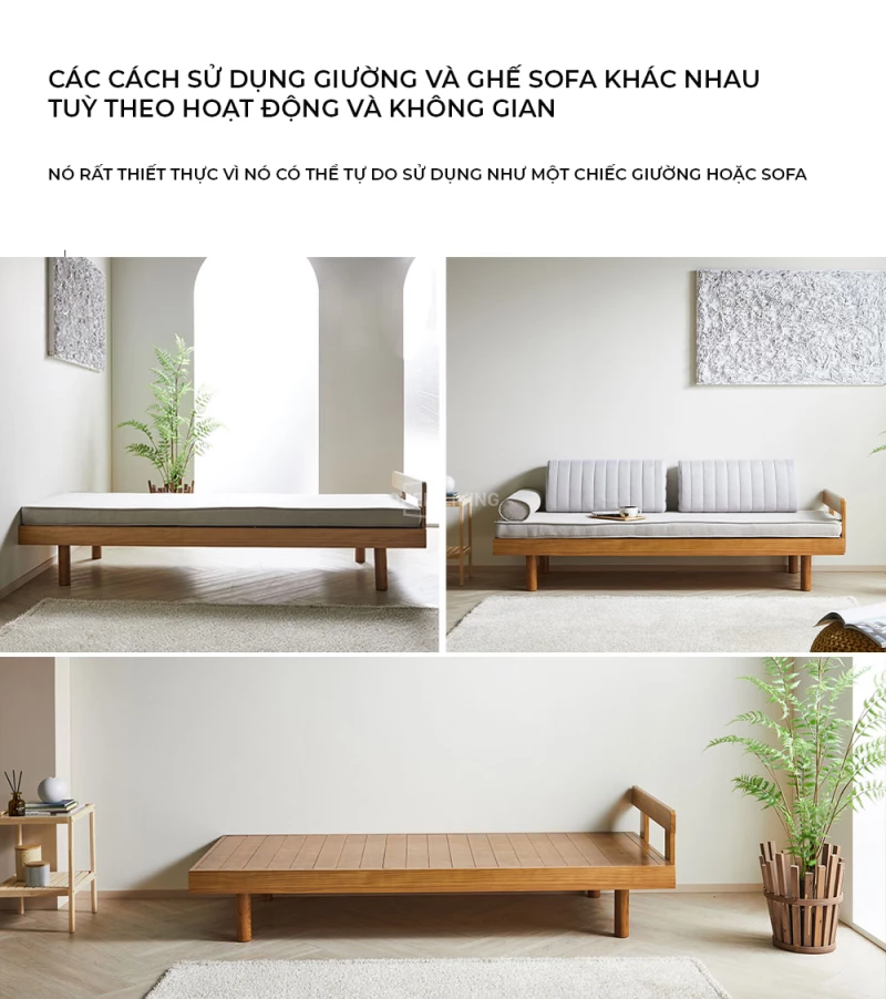 Giường sofa 2 trong 1 OpenLiving OSF 066 với thiết kế gỗ tự nhiên, phong cách tối giản hiện đại, là sự kết hợp hoàn hảo giữa tiện ích và thẩm mỹ. Sản phẩm dễ dàng chuyển đổi từ sofa thành giường, giúp tối ưu hóa không gian sống và mang lại cảm giác thoải mái, thanh lịch.