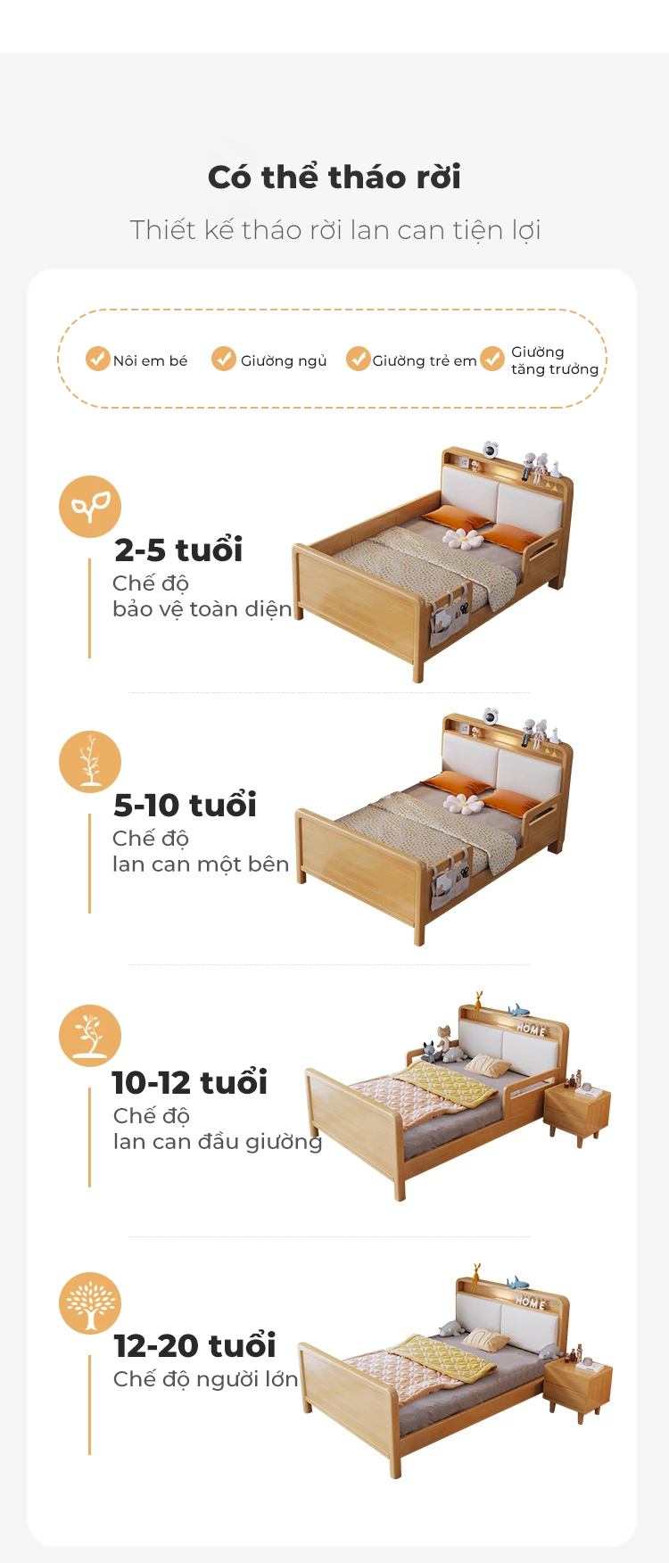 cách lựa chọn tùy chọn Giường trẻ em gỗ tự nhiên cao cấp phong cách hiện đại TE54 theo độ tuổi