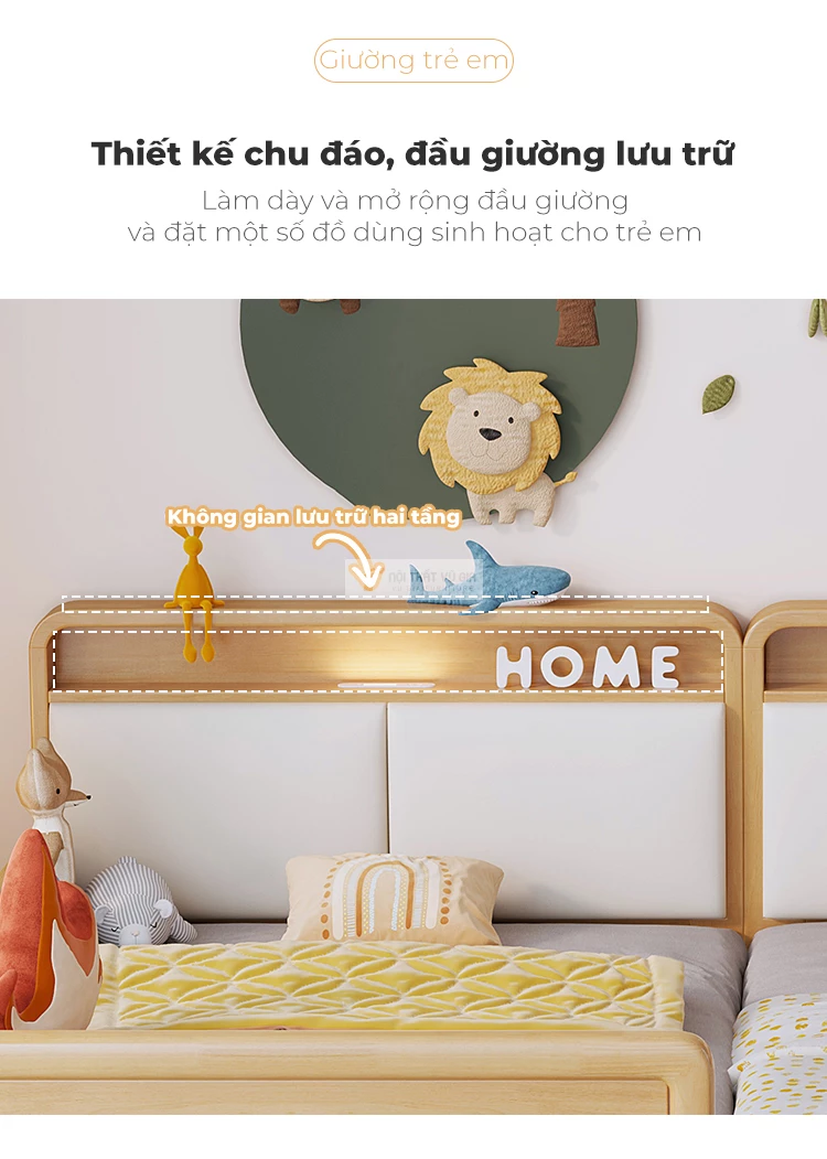 thiết kế lưu trữ đầu giường tiện lợi của Giường trẻ em gỗ tự nhiên cao cấp phong cách hiện đại TE54