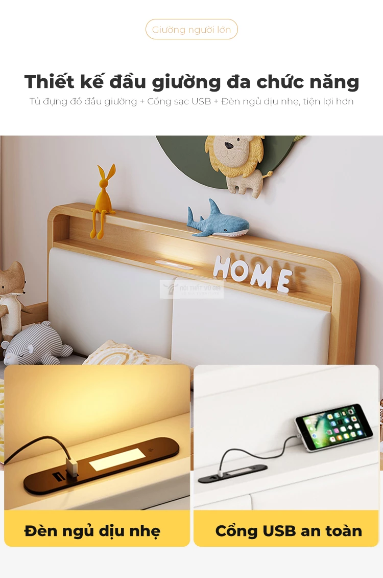 thiết kế đầu giường đa chức năng của Giường trẻ em gỗ tự nhiên cao cấp phong cách hiện đại TE54
