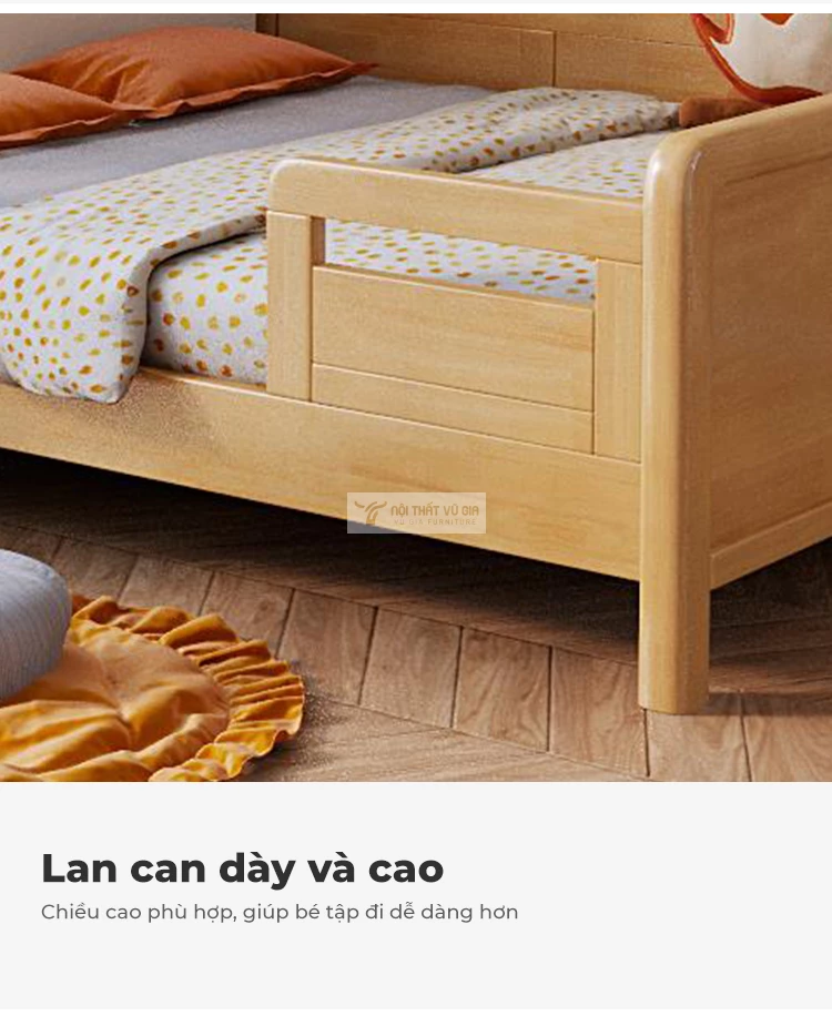 thiết kế lan can dày dặn, chắc chắn của Giường trẻ em gỗ tự nhiên cao cấp phong cách hiện đại TE54