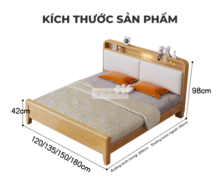 kích thước chi tiết của Giường trẻ em gỗ tự nhiên cao cấp phong cách hiện đại TE54