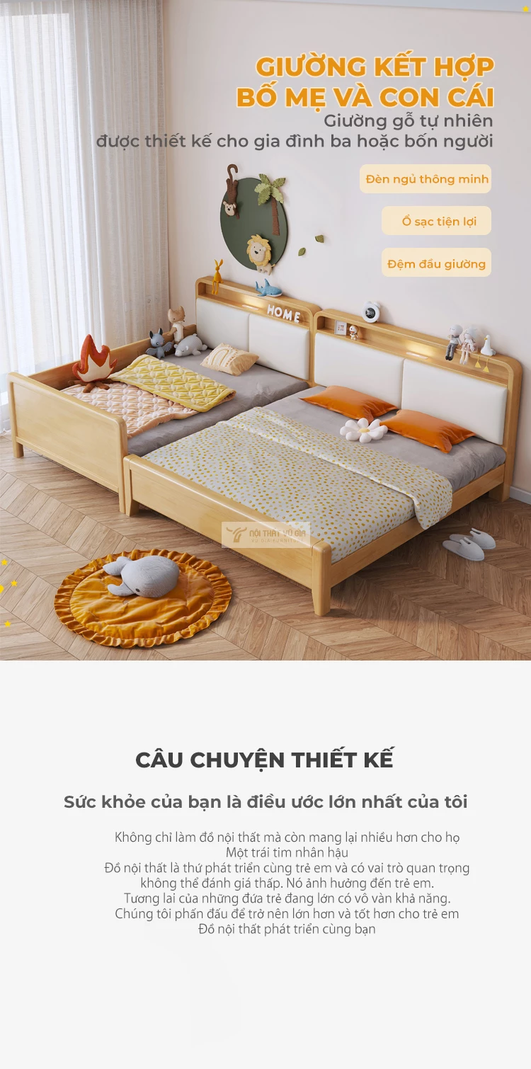 Giường trẻ em gỗ tự nhiên cao cấp phong cách hiện đại TE54
