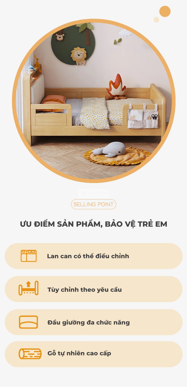 ưu điểm của Giường trẻ em gỗ tự nhiên cao cấp phong cách hiện đại TE54