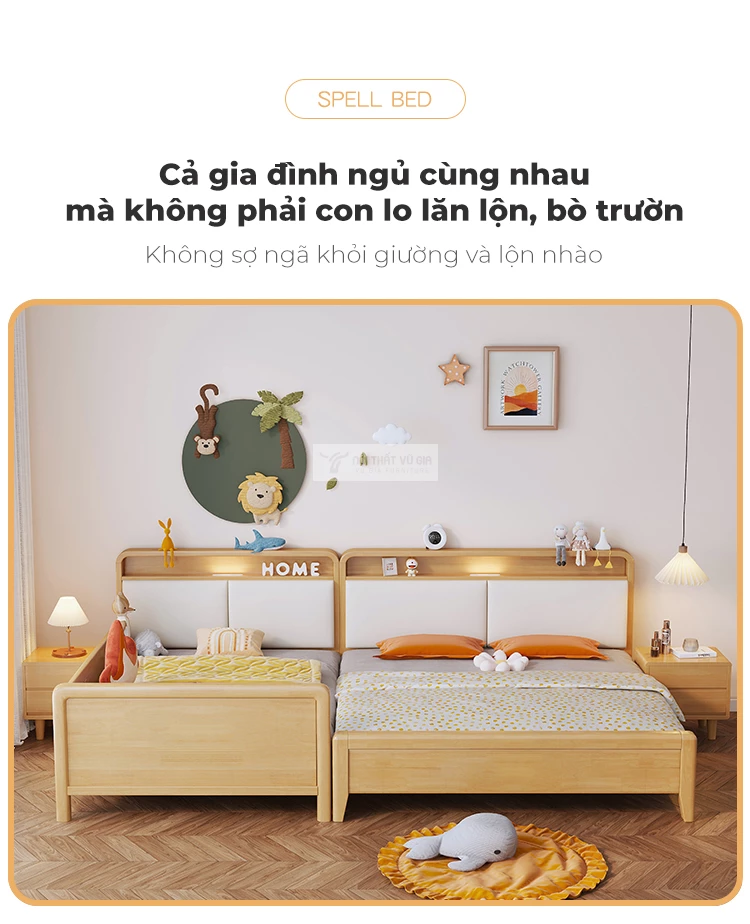thiết kế thông minh, tiện lợi của Giường trẻ em gỗ tự nhiên cao cấp phong cách hiện đại TE54