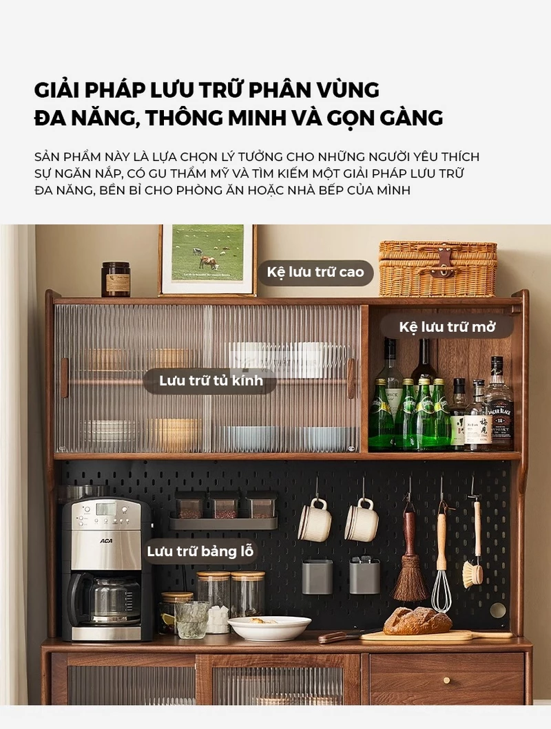 kh&ocirc;ng gian lưu trữ của Kệ bếp gỗ tự nhi&ecirc;n kết hợp c&aacute;nh k&iacute;nh cao cấp KC92