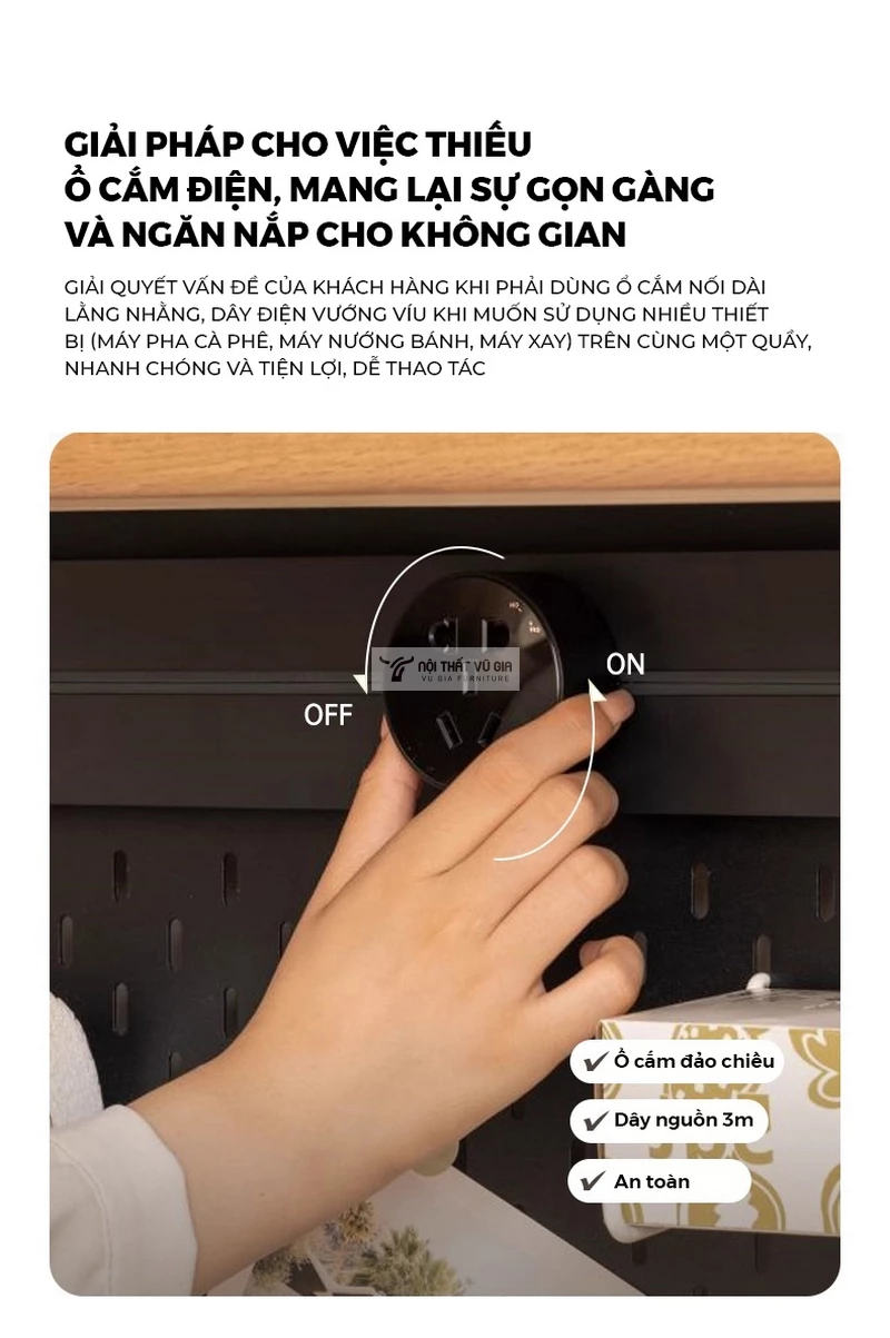 thiết kế t&iacute;ch hợp ổ cắm tiện lợi của Kệ bếp gỗ tự nhi&ecirc;n phong c&aacute;ch hiện đại, sang trọng KC93