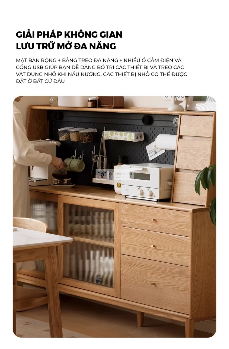 kh&ocirc;ng gian lưu trữ của Kệ bếp gỗ tự nhi&ecirc;n phong c&aacute;ch hiện đại, sang trọng KC93