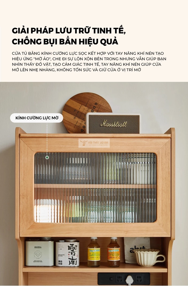 thiết kế cửa k&iacute;nh sang trọng của Kệ bếp gỗ tự nhi&ecirc;n thiết kế đa lưu trữ tiện lợi KC94