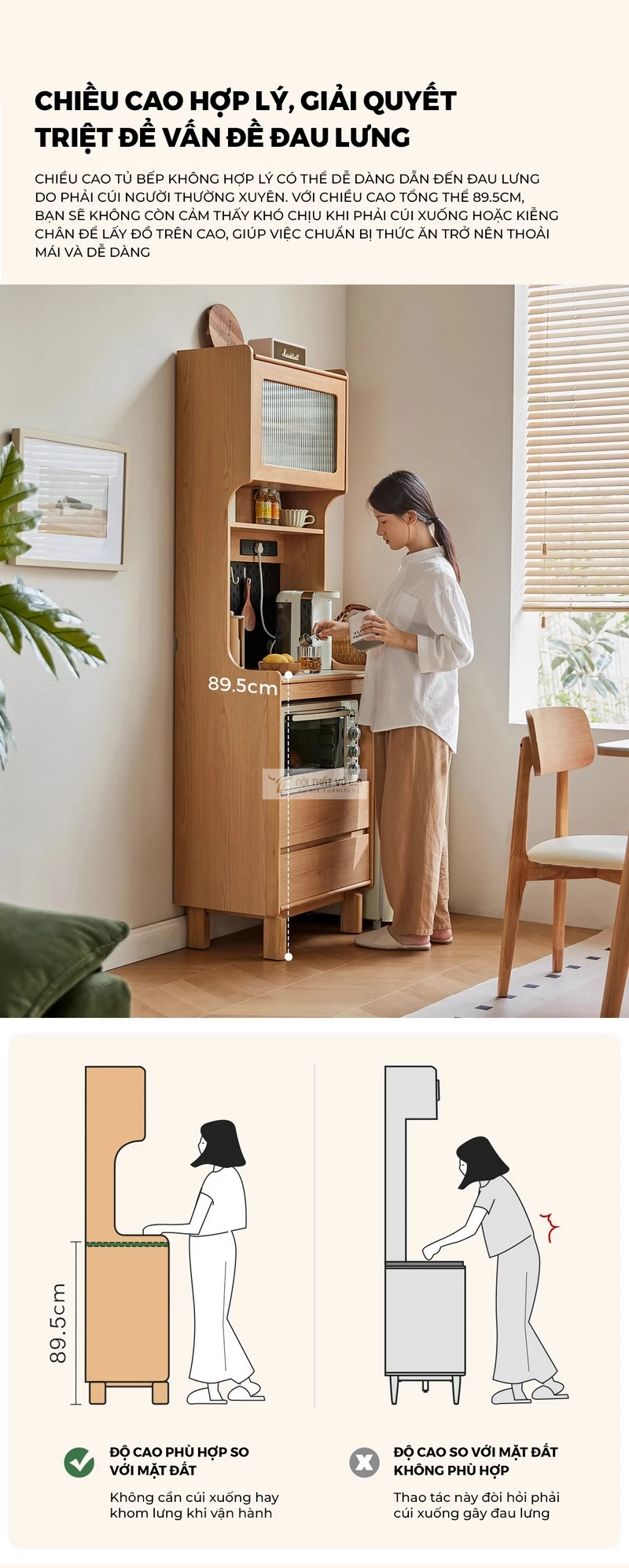 thiết kế chiều cao khoa học của Kệ bếp gỗ tự nhi&ecirc;n thiết kế đa lưu trữ tiện lợi KC94