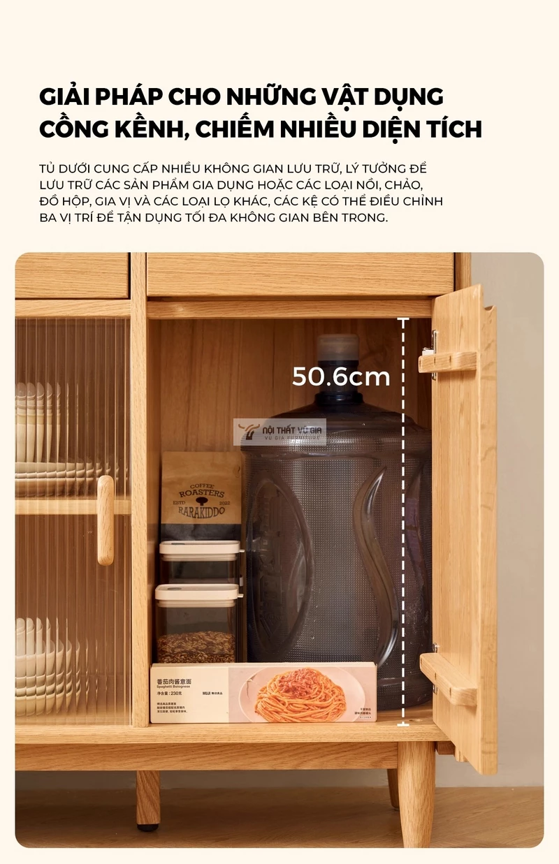 thiết kế kh&ocirc;ng gian lưu trữ đa dạng của Kệ bếp gỗ tự nhi&ecirc;n thiết kế t&iacute;ch hợp kệ đa năng, hiện đại KC98