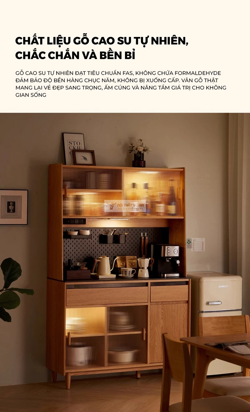 Kệ bếp gỗ tự nhi&ecirc;n thiết kế t&iacute;ch hợp kệ đa năng, hiện đại KC98 sử dụng gỗ tự nhi&ecirc;n cao cấp