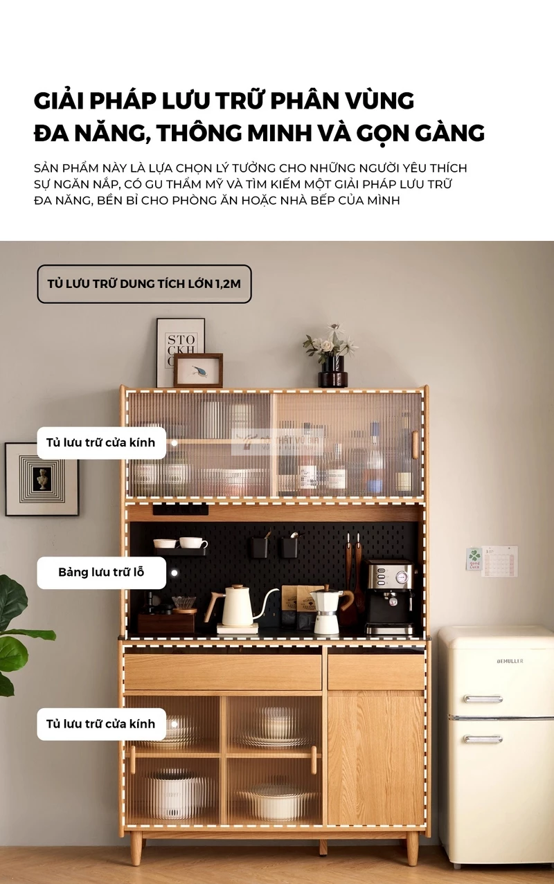 kh&ocirc;ng gian lưu trữ tối ưu của Kệ bếp gỗ tự nhi&ecirc;n thiết kế t&iacute;ch hợp kệ đa năng, hiện đại KC98