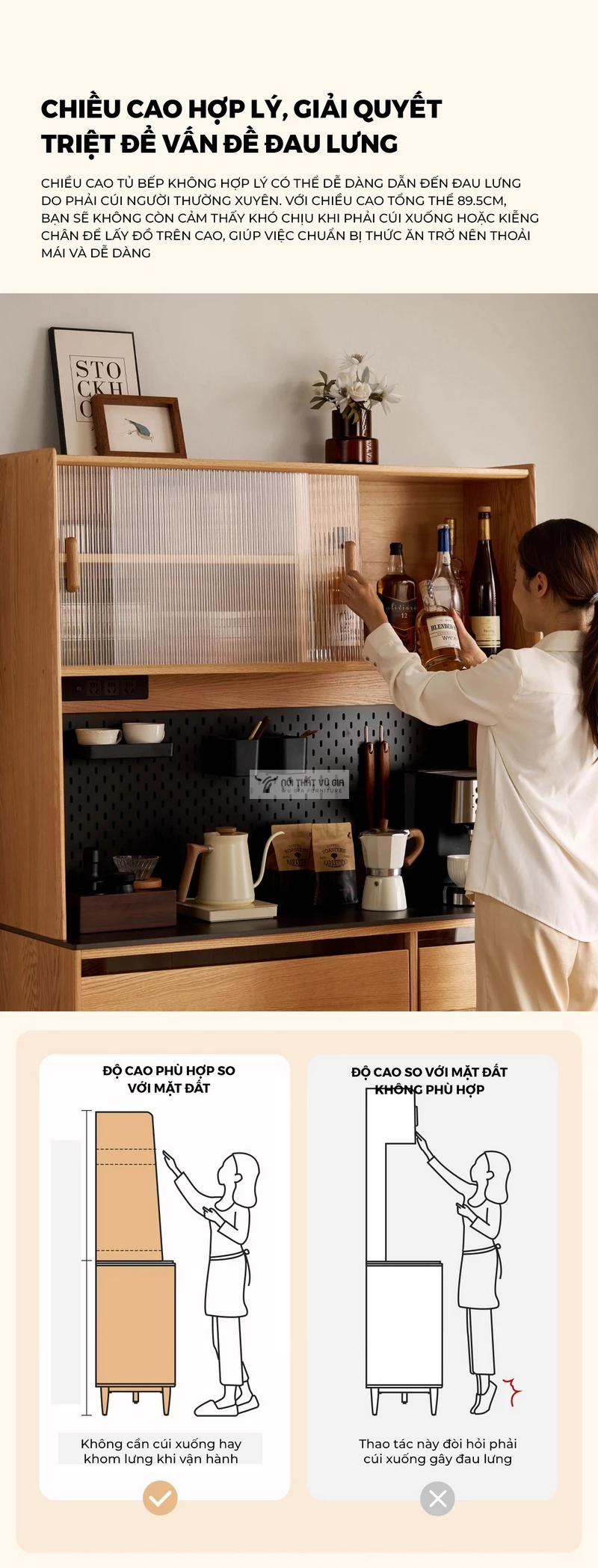 thiết kế chiều cao khoa học của Kệ bếp gỗ tự nhi&ecirc;n thiết kế t&iacute;ch hợp kệ đa năng, hiện đại KC98