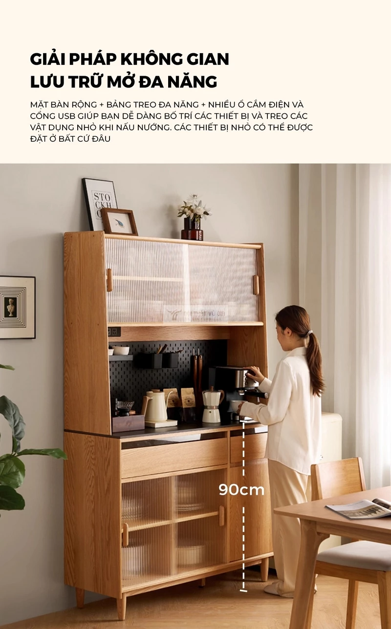 thiết kế khoa học của Kệ bếp gỗ tự nhi&ecirc;n thiết kế t&iacute;ch hợp kệ đa năng, hiện đại KC98