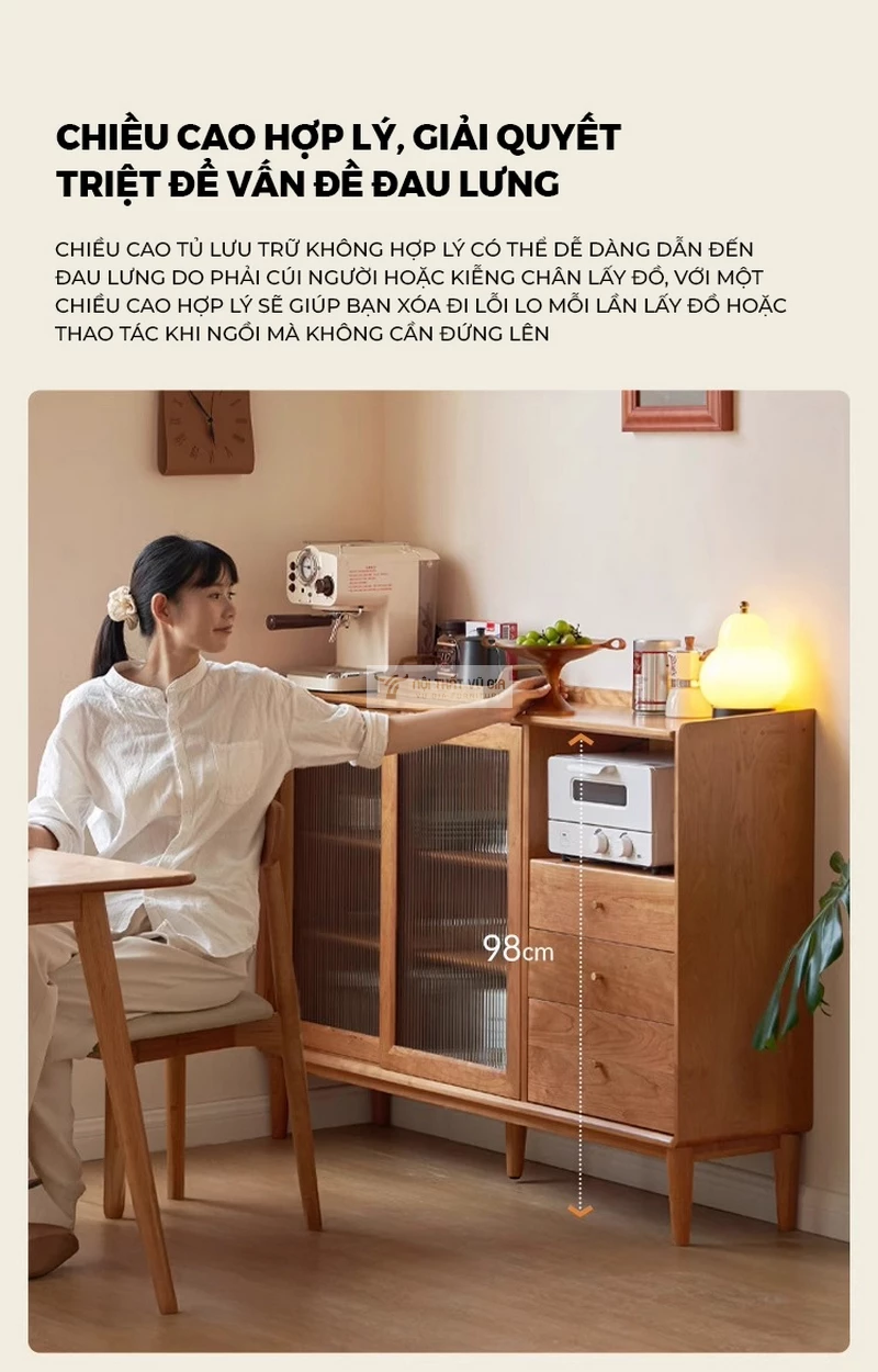 thiết kế chiều cao khoa học của Kệ bếp gỗ tự nhiên thiết kế tối giản, tối ưu không gian KC95