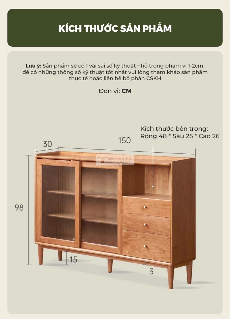 kích thước chi tiết của Kệ bếp gỗ tự nhiên thiết kế tối giản, tối ưu không gian KC95