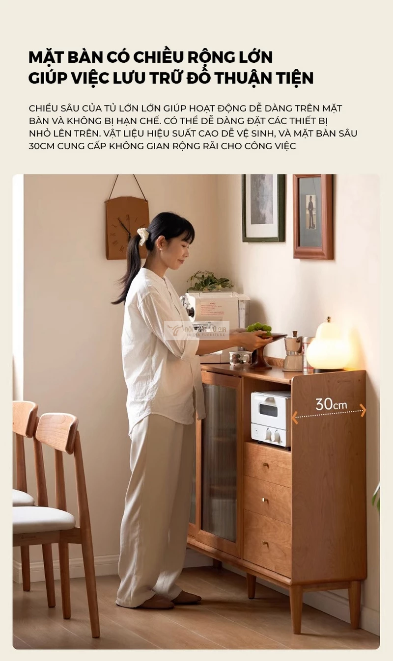 thiết kế mặt tủ rộng rãi của Kệ bếp gỗ tự nhiên thiết kế tối giản, tối ưu không gian KC95