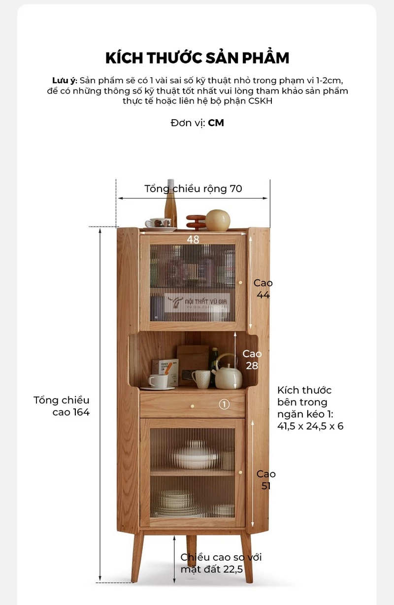 kích thước chi tiết của Kệ bếp gỗ tự nhiên thiết kế tối ưu không gian KC96