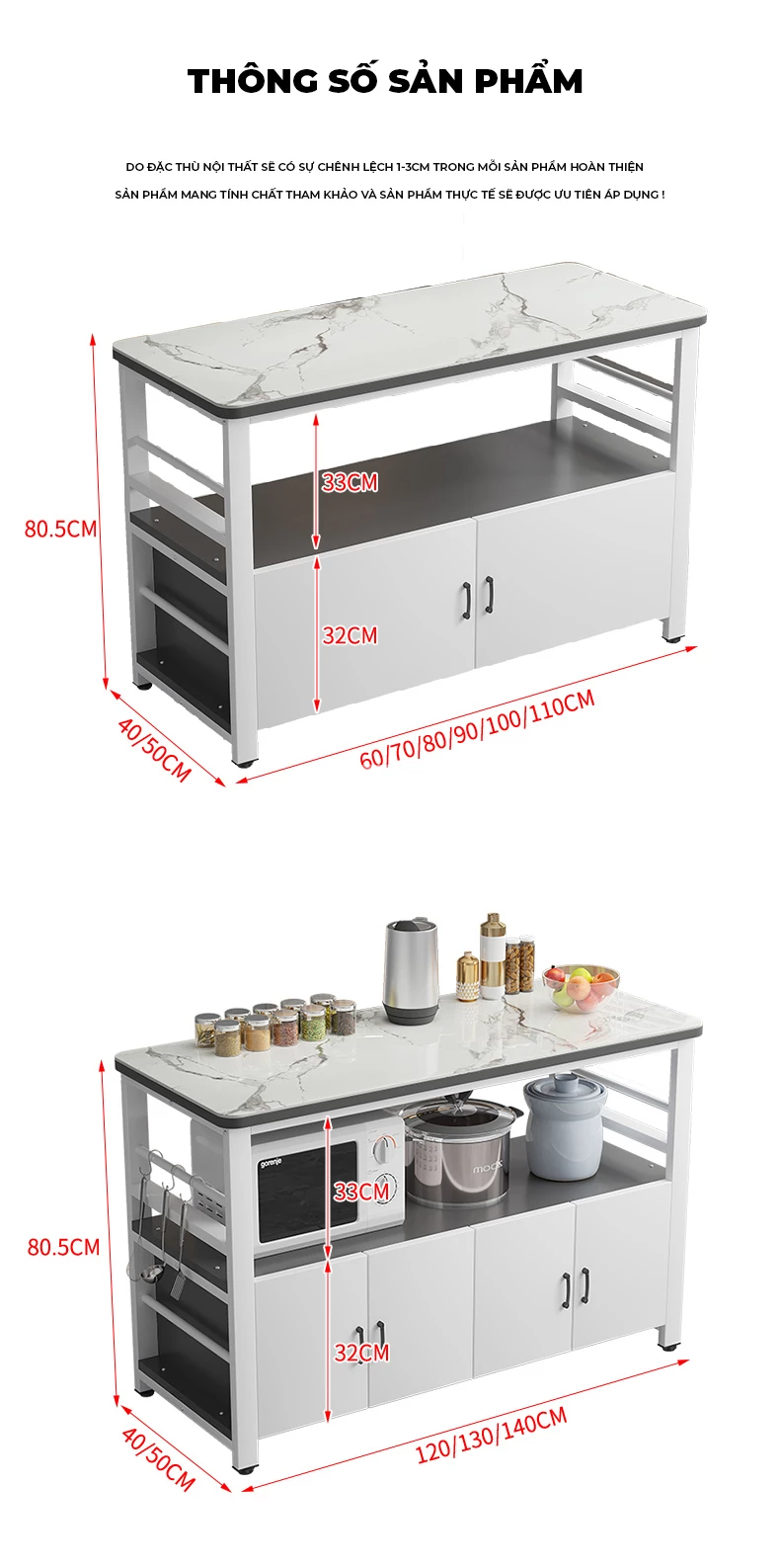 kích thước chi tiết của Kệ bếp khung kim loại cao cấp KC49