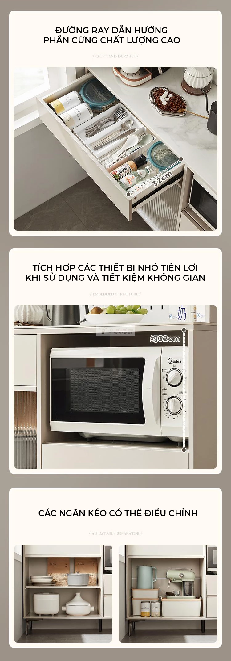 Kệ bếp thiết kế hiện đại, sang trọng KC66 sử dụng phụ kiện cao cấp, bền bỉ