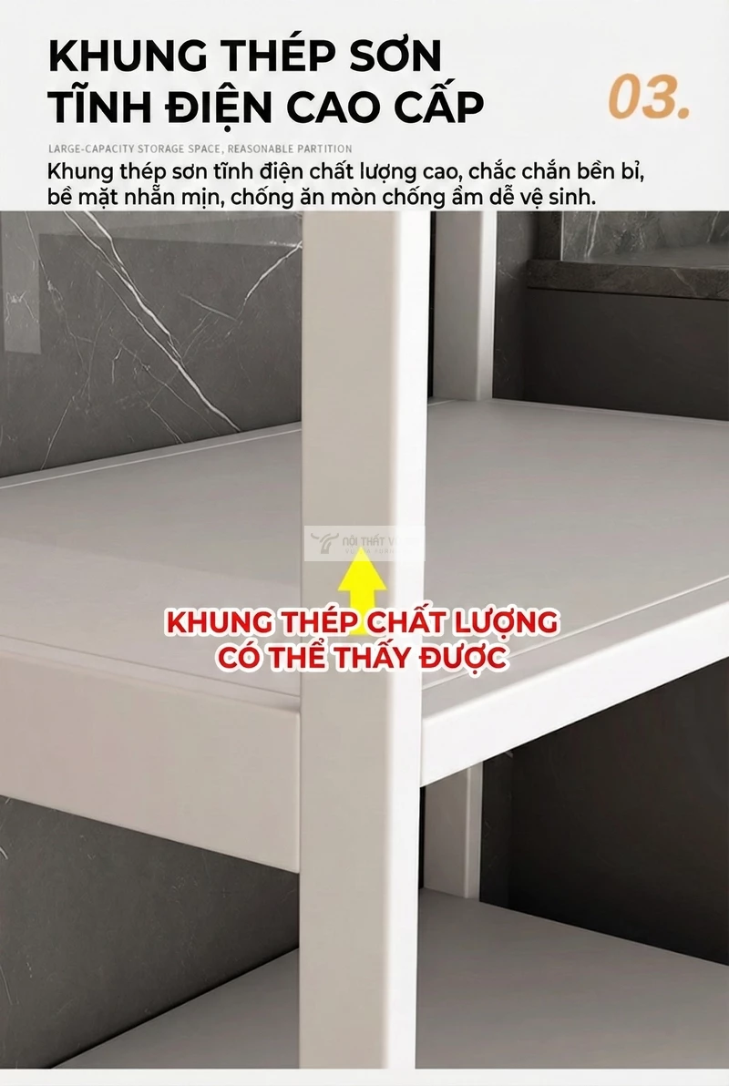 Kệ bếp Vũ Gia thiết kế hiện đại kết hợp khung kim loại cao cấp KC91 sử dụng khung thép cao cấp