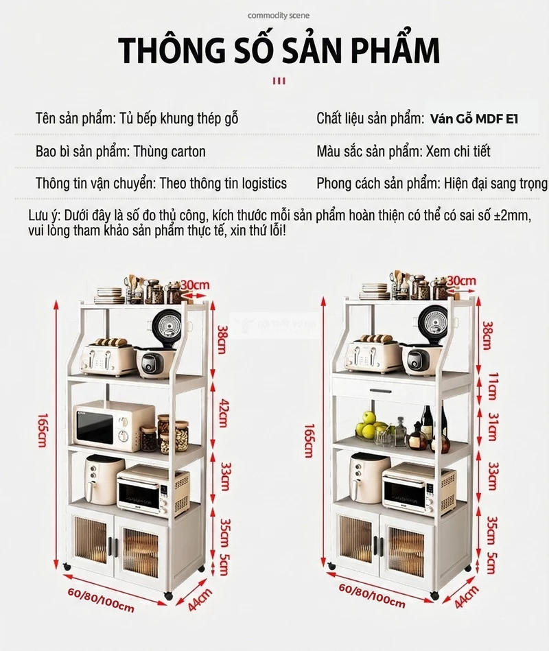 kích thước chi tiết của Kệ bếp Vũ Gia thiết kế hiện đại kết hợp khung kim loại cao cấp KC91
