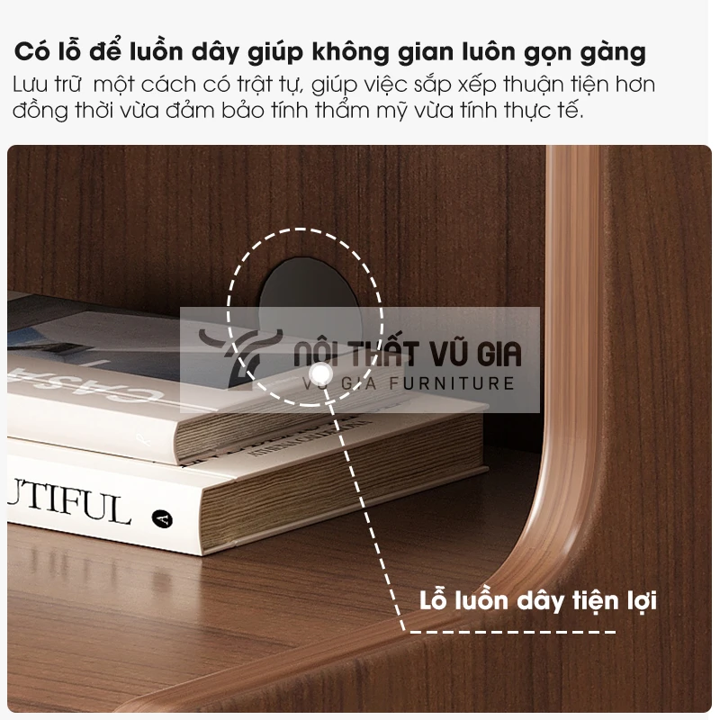 thiết kế lỗ luồn dây tiện lợi của Kệ đầu giường gỗ tự nhiên hiện đại PN173