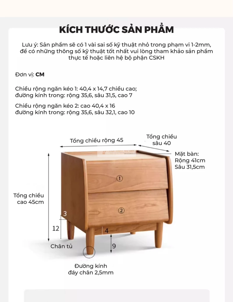 kích thước chi tiết của Kệ đầu giường gỗ tự nhiên thiết kế độc đáo, hiện đại BR167