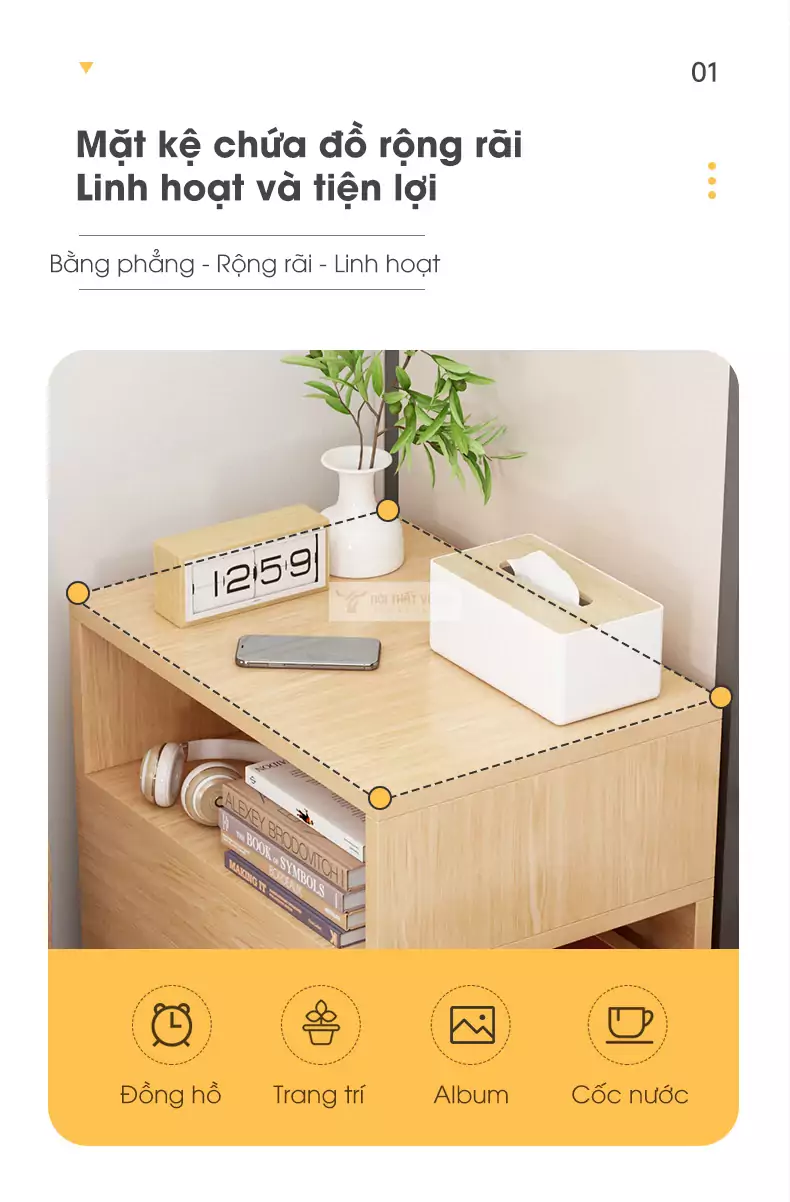 thiết kế mặt kệ rộng rãi của Kệ đầu giường thiết kế đa năng BR54