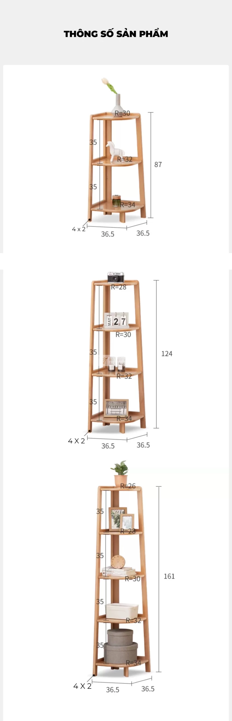 kích thước chi tiết của Kệ góc gỗ tự nhiên thanh lịch, tối ưu CBK13
