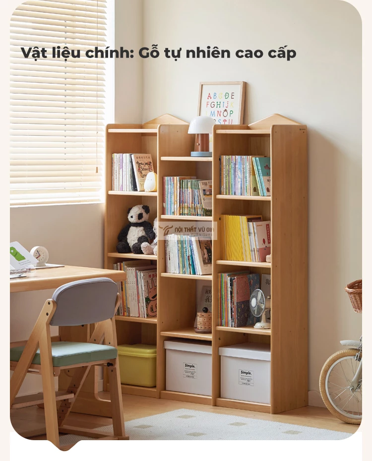 Kệ sách cho bé gỗ tự nhiên cao cấp TE56 sử dụng chất liệu gỗ tự nhiên cao cấp