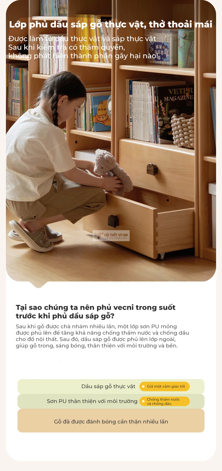 Kệ sách cho bé gỗ tự nhiên cao cấp TE56 sử dụng dầu sáp an toàn
