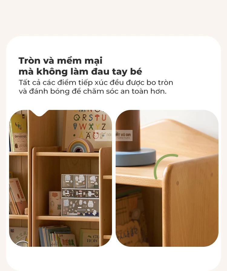 thiết kế bo góc mềm mại của Kệ sách cho bé gỗ tự nhiên cao cấp TE56