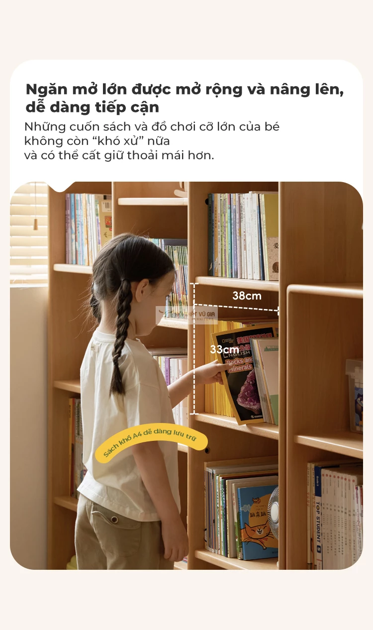 dễ dàng lưu trữ sách khổ lớn với Kệ sách cho bé gỗ tự nhiên cao cấp TE56
