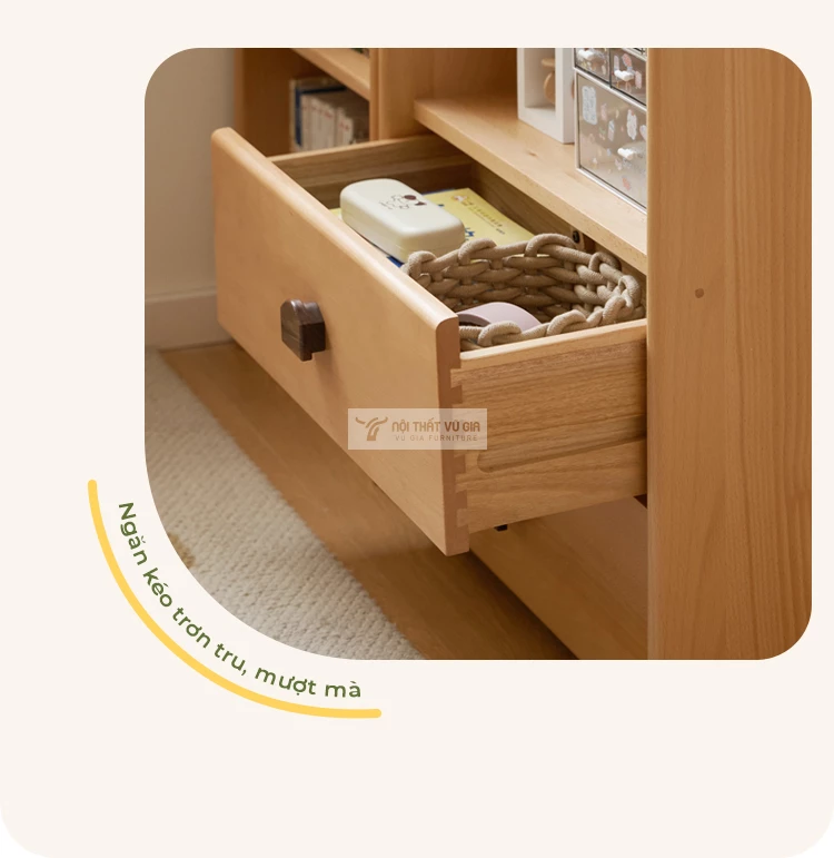 thiết kế ngăn kéo trơn tru, mượt mà của Kệ sách cho bé gỗ tự nhiên cao cấp TE56