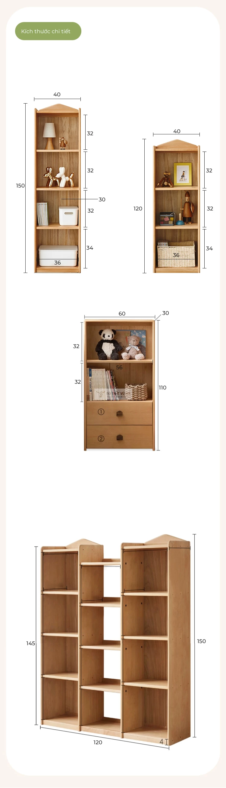 kích thước chi tiết của Kệ sách cho bé gỗ tự nhiên cao cấp TE56