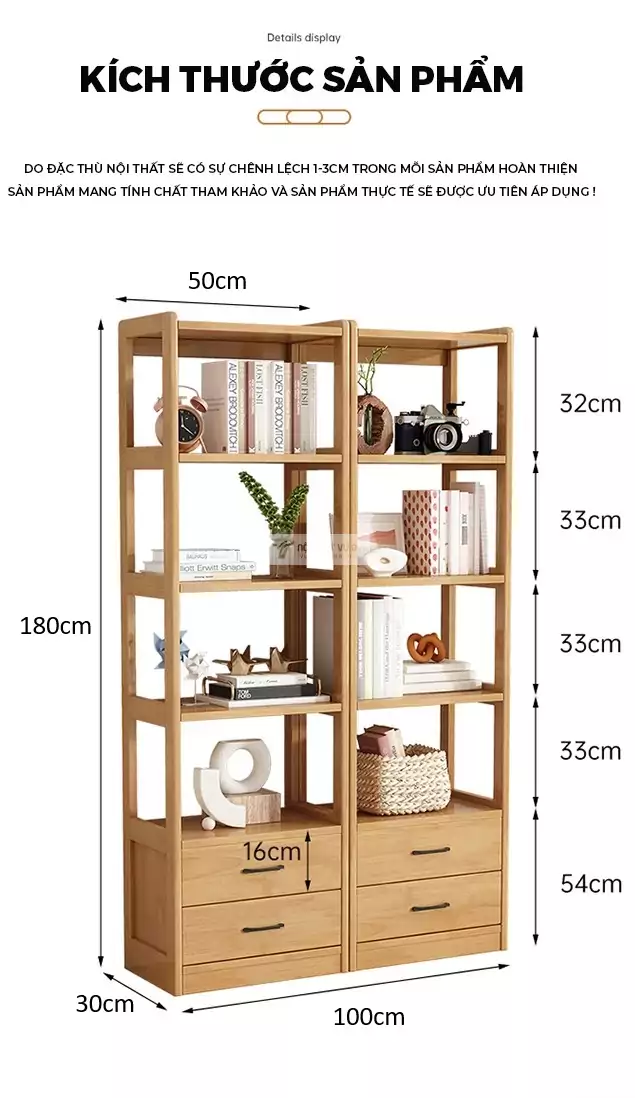 kích thước chi tiết của Kệ sách gỗ tự nhiên đa năng SD40