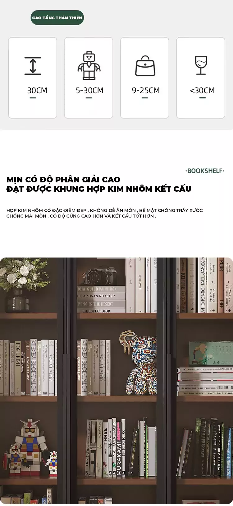 chi tiết kh&ocirc;ng gian lưu trữ của Kệ s&aacute;ch gỗ tự nhi&ecirc;n kết hợp c&aacute;nh sang trọng SD45