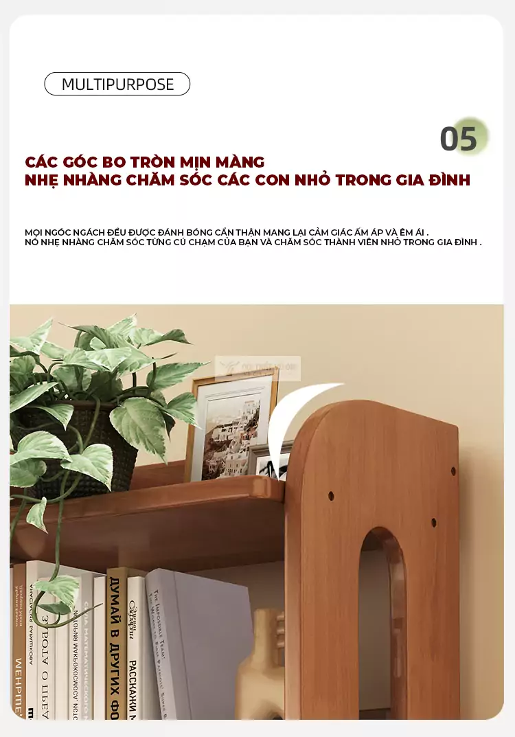 các góc được bo tròn an toàn của Kệ sách gỗ tự nhiên phong cách tối giản SD44