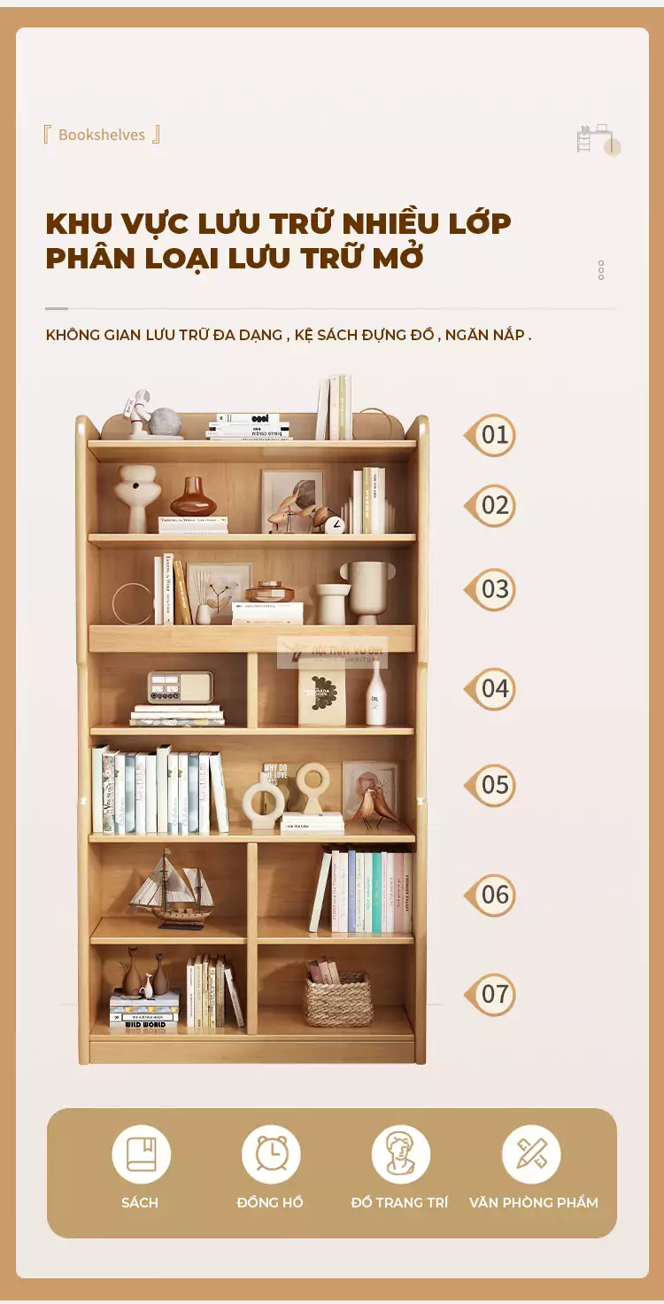 thiết kế lưu trữ nhiều lớp của Kệ sách gỗ tự nhiên thiết kế đa lưu trữ SD42