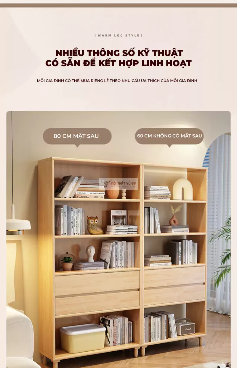 tùy chọn kích thước đa dạng của Kệ sách gỗ tự nhiên thiết kế hiện đại, tinh tế SD48