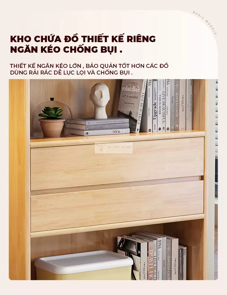 thiết kế ngăn kéo tiện lợi của Kệ sách gỗ tự nhiên thiết kế hiện đại, tinh tế SD48