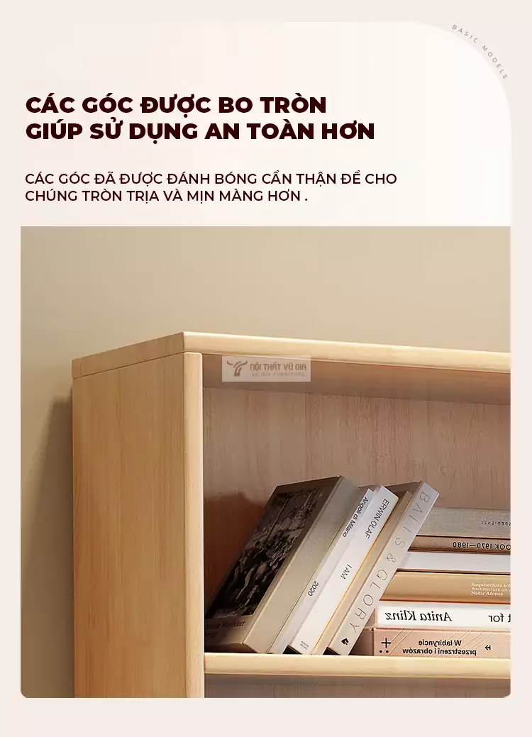 thiết kế bo góc an toàn của Kệ sách gỗ tự nhiên thiết kế hiện đại, tinh tế SD48
