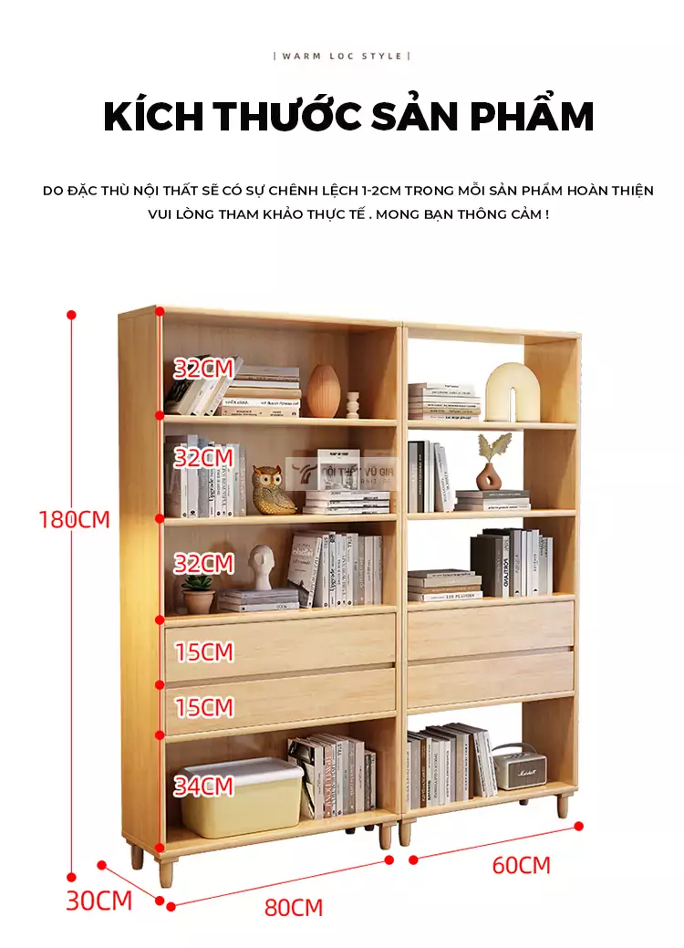 kích thước chi tiết của Kệ sách gỗ tự nhiên thiết kế hiện đại, tinh tế SD48