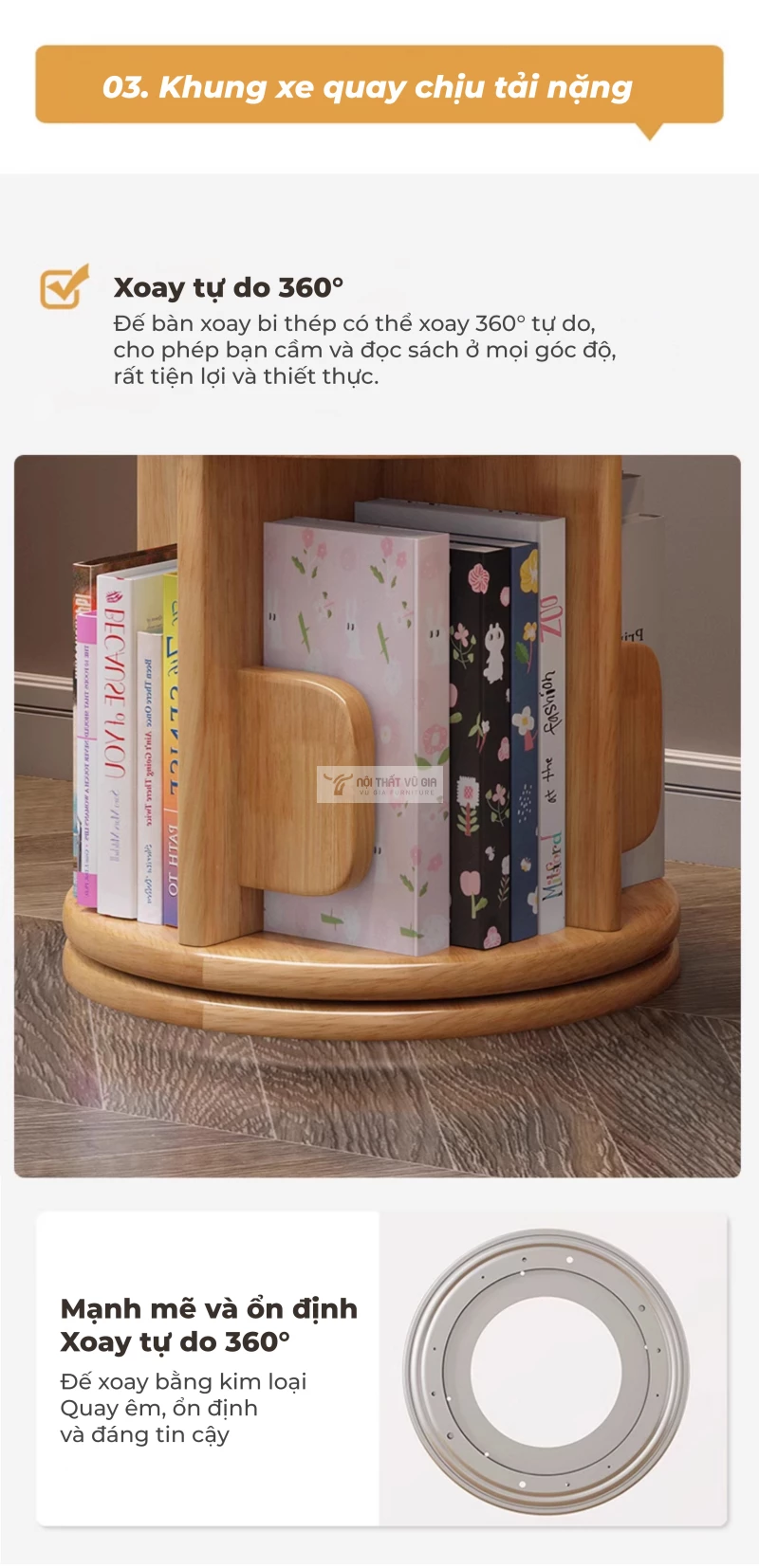 Kệ sách gỗ tự nhiên xoay đa năng, thiết kế thông minh SD261 sử dụng phụ kiện cao cấp