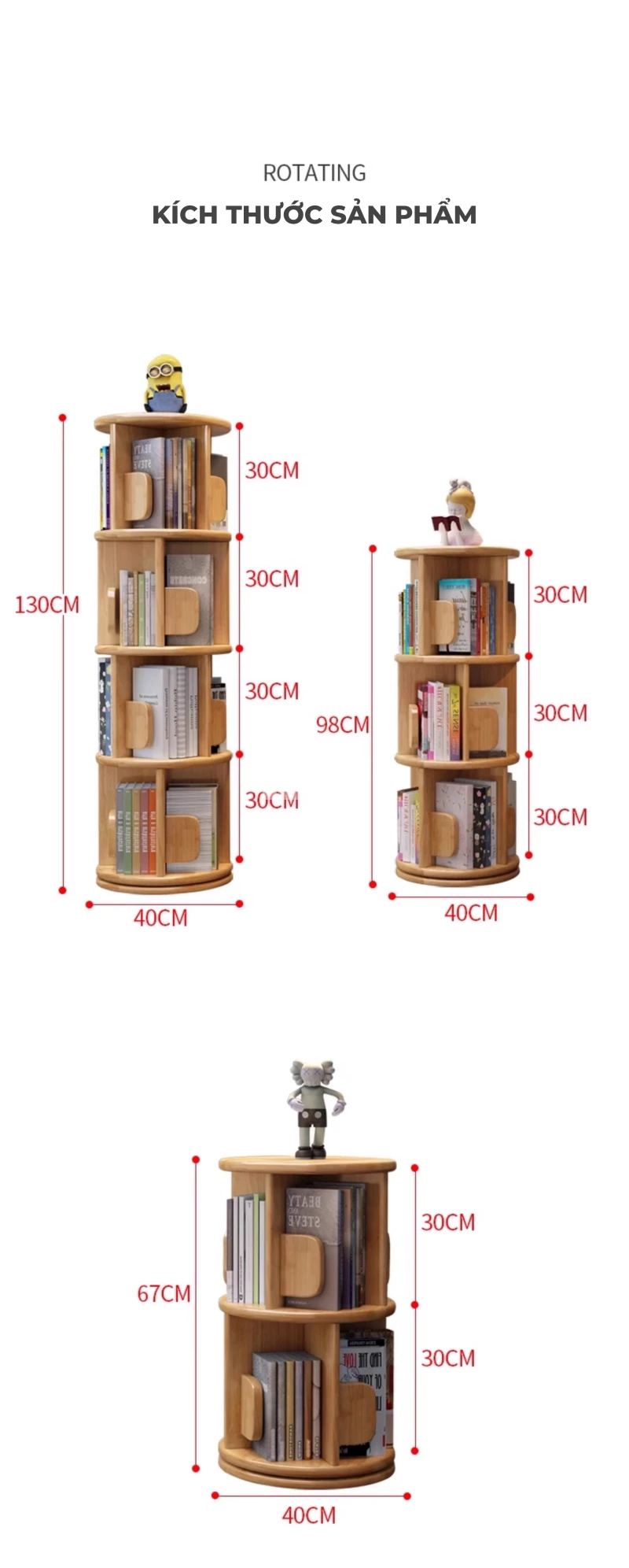 kích thước chi tiết của Kệ sách gỗ tự nhiên xoay đa năng, thiết kế thông minh SD261